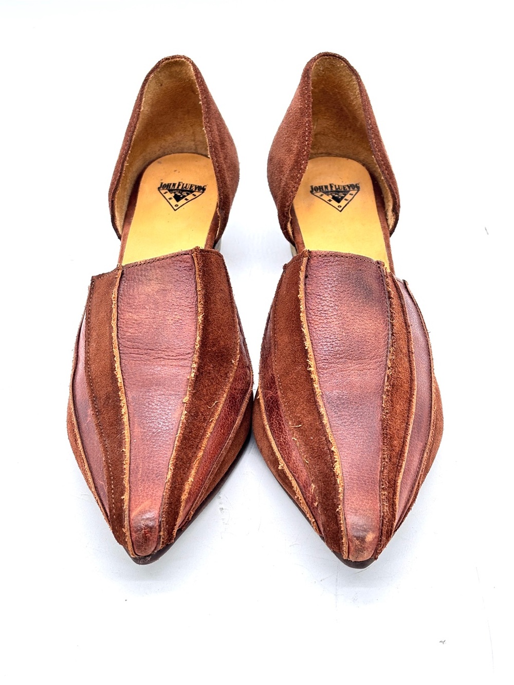 John Fluevog Jessica Brown Leather Suede Slip on Heels - Picture 3 of 6